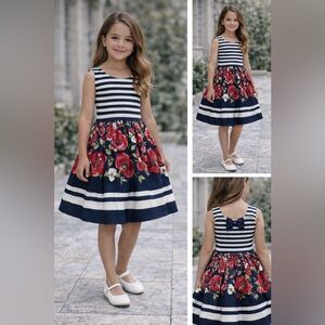 Little Lady Girls Navy Striped Floral Dress with Bow Size 134-64 (8-9 Years)
